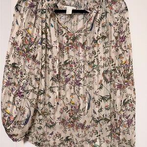 H&M Botanical Print Chiffon Blouse | Ruffle Neck | Size 8